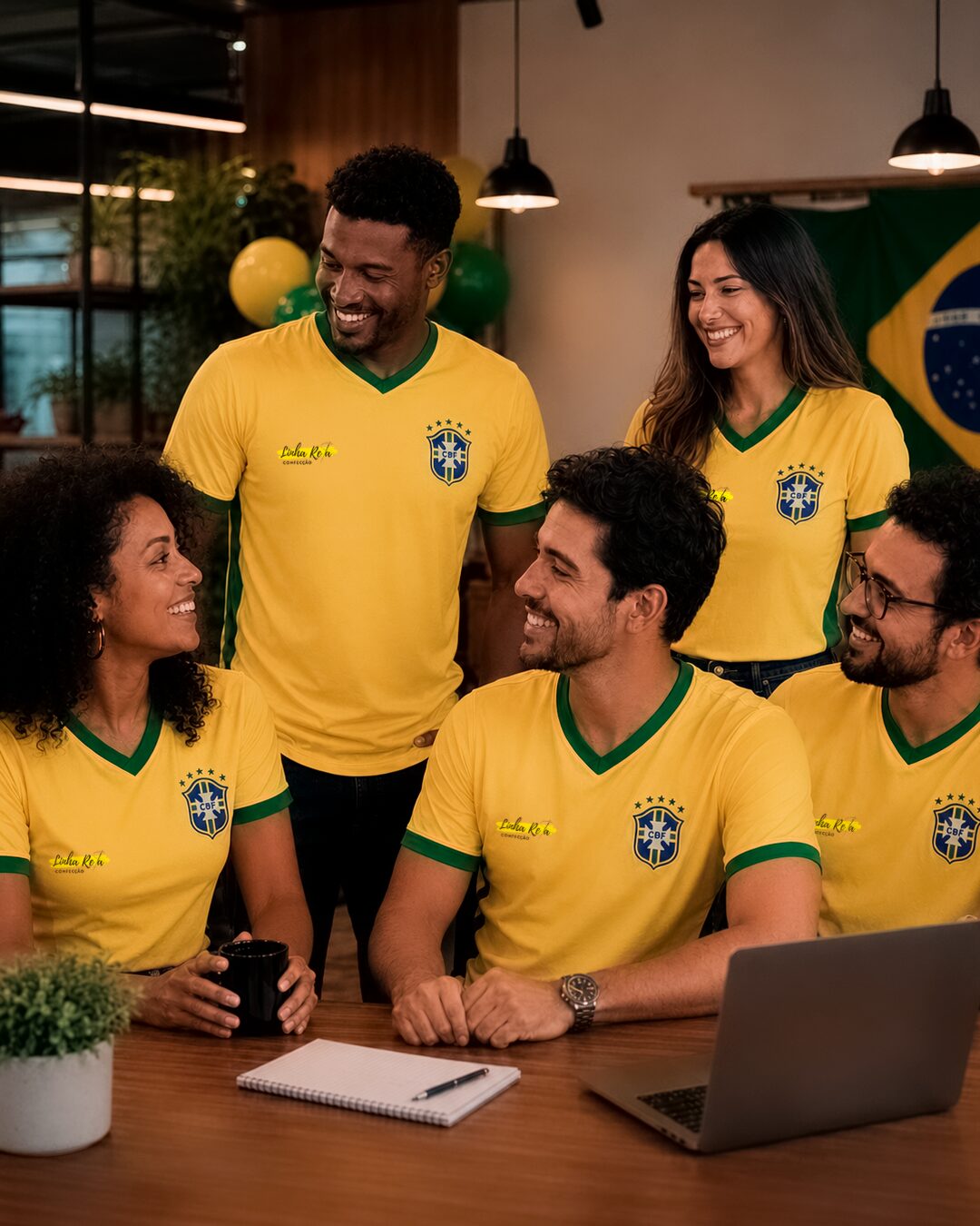 Camisa verde e amarela com as cores do Brasil — uniforme personalizado para sua empresa na Copa 2026