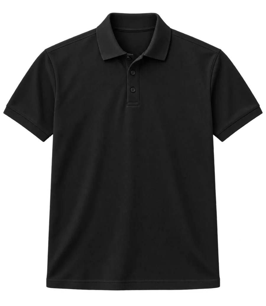 Camisa polo preta personalizada com logo e nome da equipe — layout criado pela Linha Reta