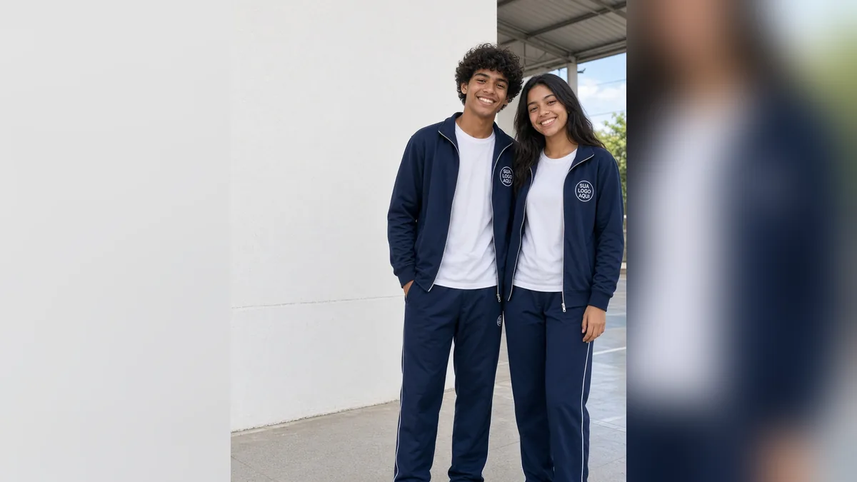 Estudantes com agasalho escolar azul marinho personalizado com o logotipo da escola