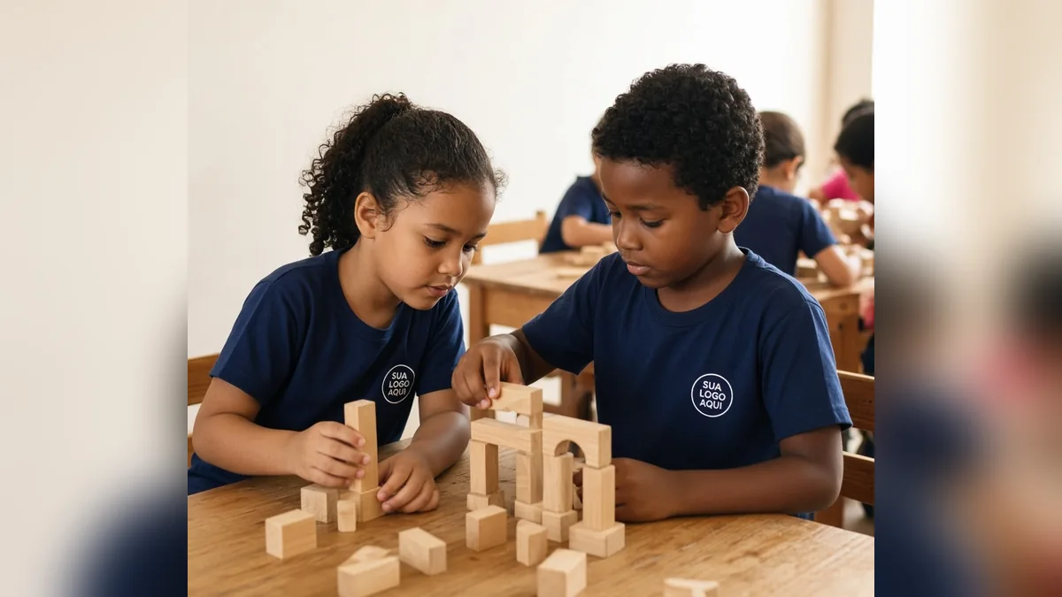 Alunos com camiseta escolar azul marinho e logotipo bordado no peito em atividade na sala de aula