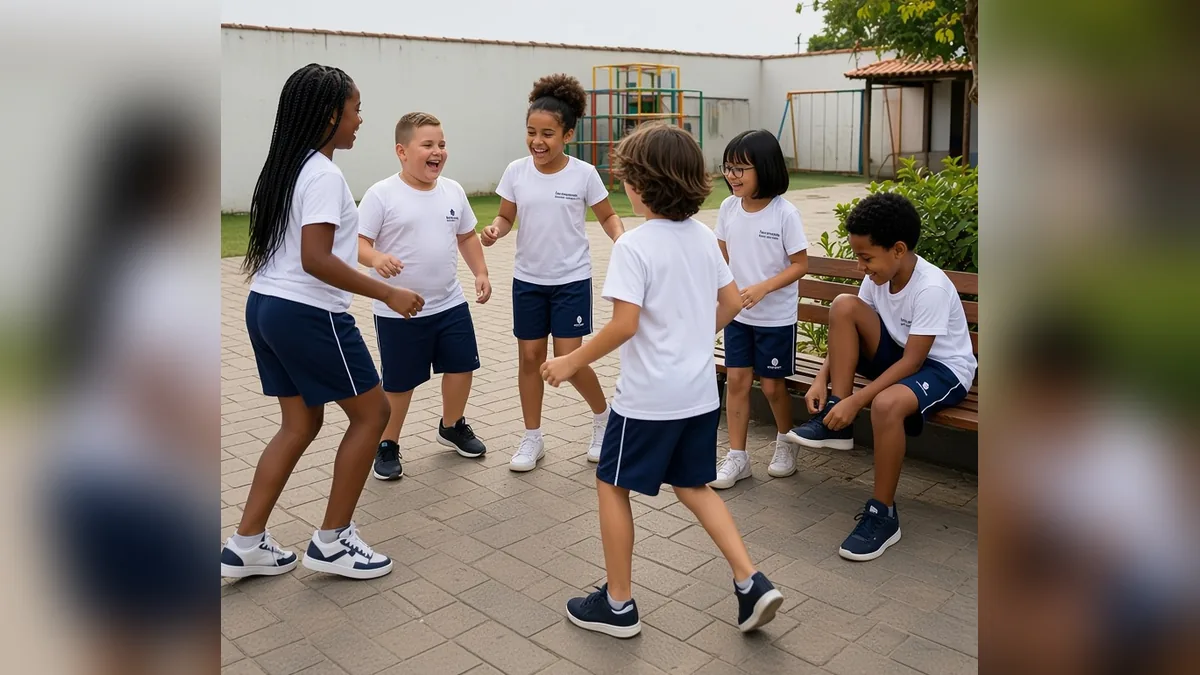 Alunos com uniforme escolar de camiseta branca e bermuda azul marinho no pátio da escola