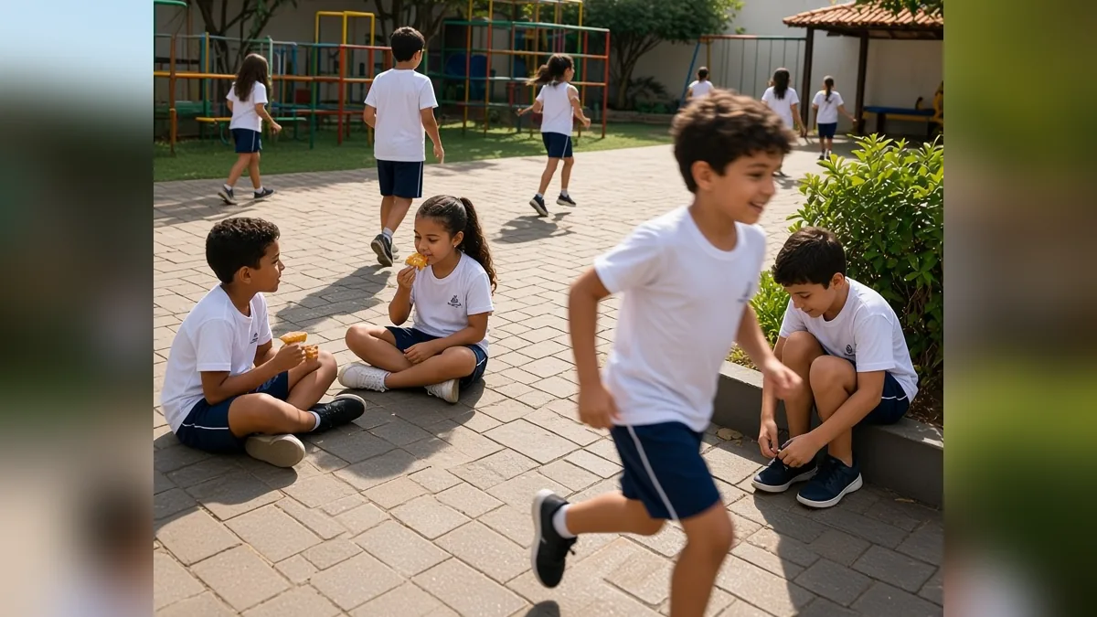 Crianças brincando no pátio com uniforme escolar leve, ideal para o calor do Rio de Janeiro