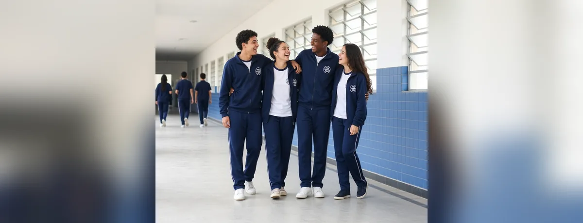 Alunos com uniforme escolar azul marinho no corredor da escola, planejamento da volta às aulas 2027